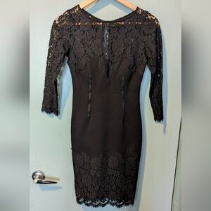 Aidan Mattox Black Lace Cocktail Dress 3/4 Sleeve Illusion Neckline Size 0